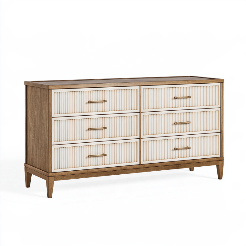 Kommode 160 x 45 x 85 cm in Braun/Creme aus Holzwerkstoff mit sechs Schubladen im Mid-Century-Stil