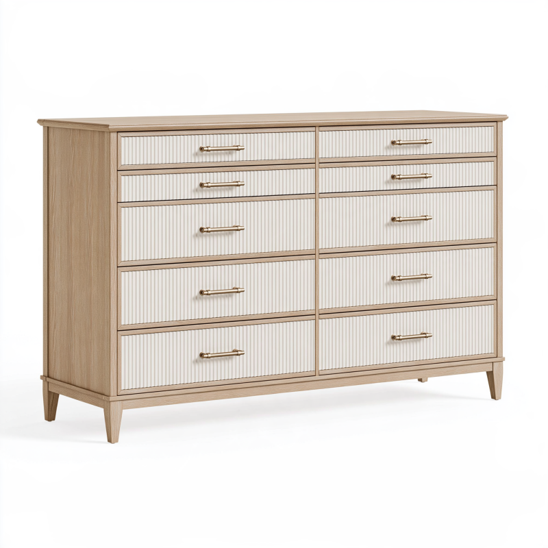 Kommode 160 cm Holzwerkstoff Naturweiß mit 10 Schubladen im klassischen Stil