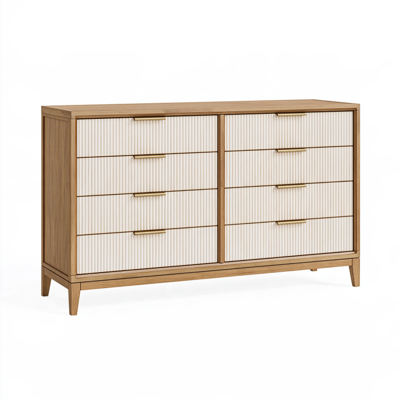 Kommode 160 x 45 x 90 cm Holzoptik Weiß mit 8 Schubladen geriffelter Front