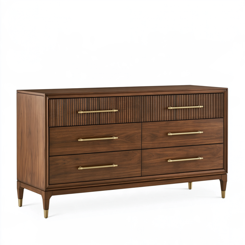 Kommode 160 cm Walnussholz mit 6 Schubladen im Mid-Century-Stil