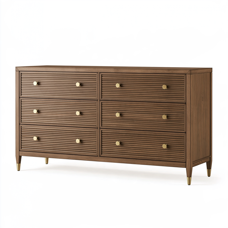 Kommode 160 x 45 x 85 cm Holz Walnussbraun mit 6 Schubladen geriffelter Stil