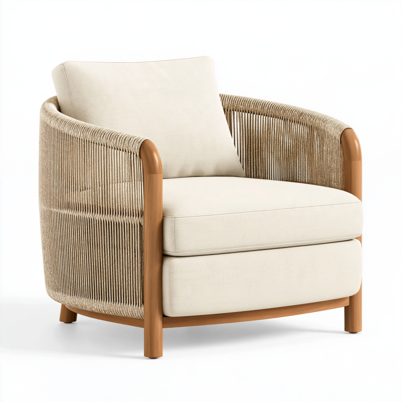 Sessel 78 x 82 x 82 cm aus Holz und Kordel Beige Naturfarbene Relaxsessel im modernen Stil