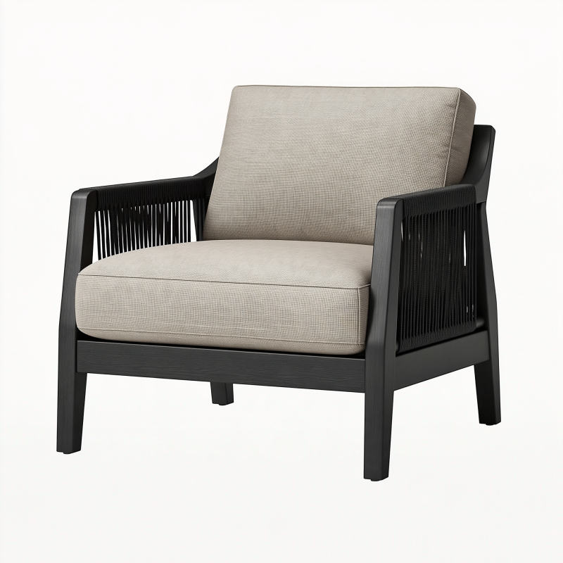 Sessel 78 x 78 x 82 cm aus Holz und Kordel in Schwarz Beige mit gepolstertem Sitz