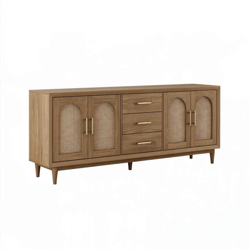 Sideboard 180 cm Naturbraun Beige Holz mit Rattangeflecht und Schubladen