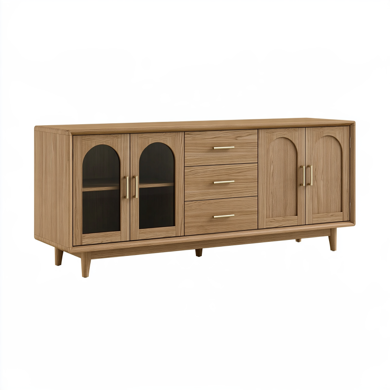Sideboard 180 x 40 x 80 cm Holzwerkstoff Eichenoptik mit Glasfront Mid Century Stil