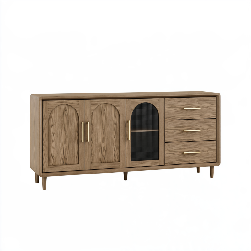 Sideboard 180 x 40 x 85 cm Holzwerkstoff in Eichenoptik mit 3 Türen 3 Schubladen und Metallgitter im Retro-Stil