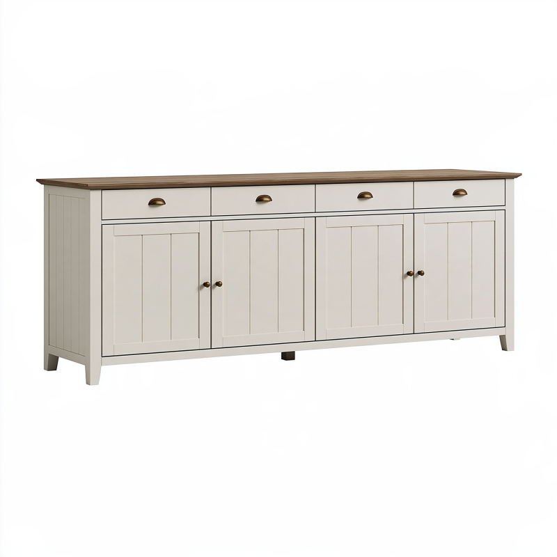 Sideboard 200 x 45 x 85 cm in Creme mit Holzoptik Ablage und Schubladen im Landhausstil