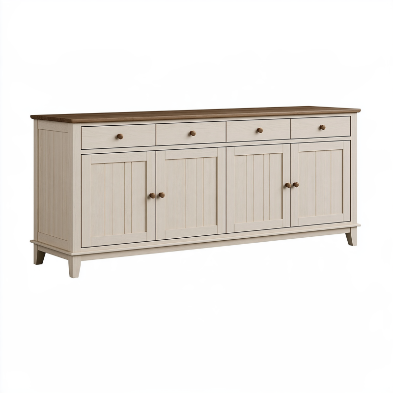 Sideboard 180 x 45 x 90 cm aus Holzwerkstoff Cremebraun mit 4 Türen 4 Schubladen im Landhausstil