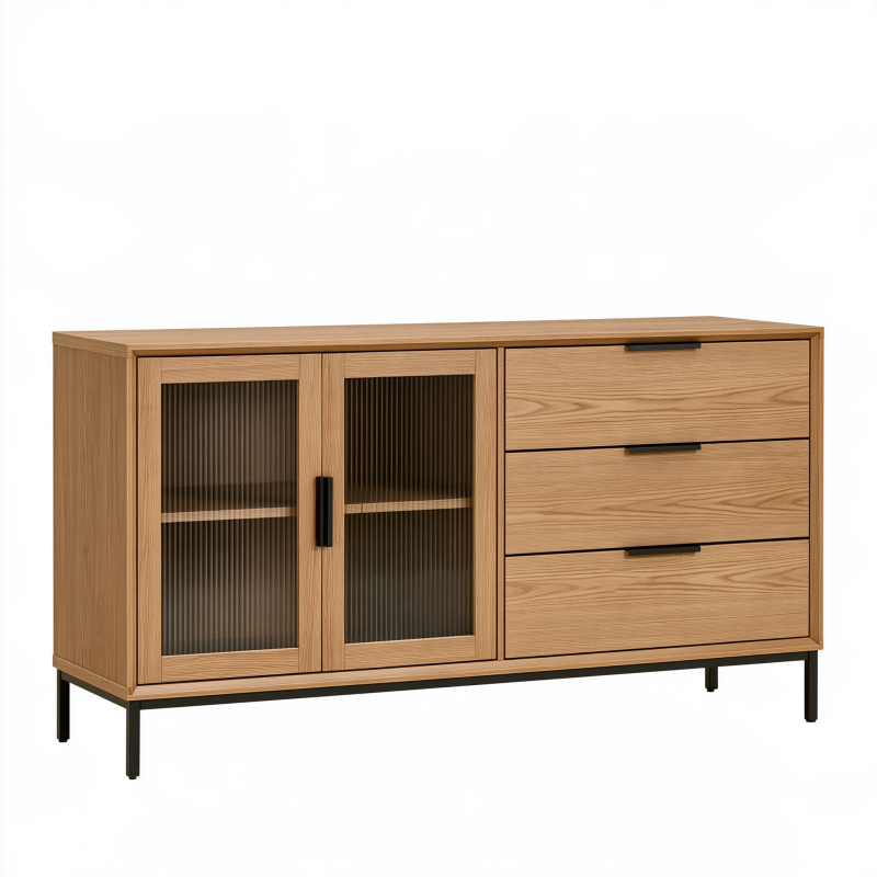 Sideboard 160 cm in Eichenholzoptik mit Riffelglastüren und Schubladen