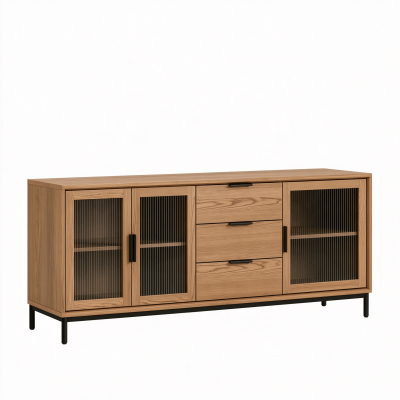 Sideboard 160 cm Holzoptik mit Riffelglas und Schubladen im modernen Stil