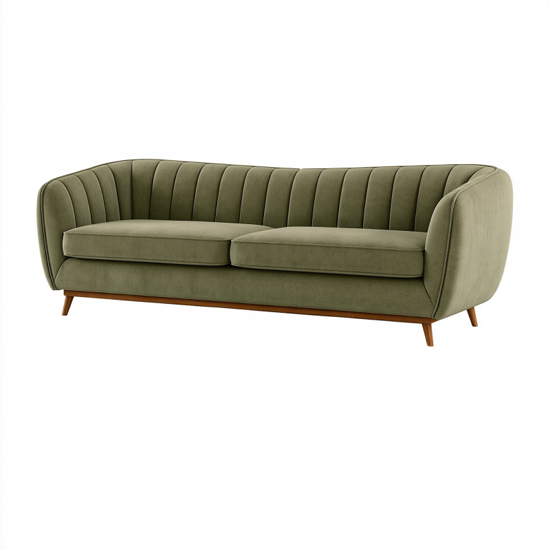 3-Sitzer Sofa 220 cm olivgrüner Textilbezug mit Holzfüßen Retro-Stil