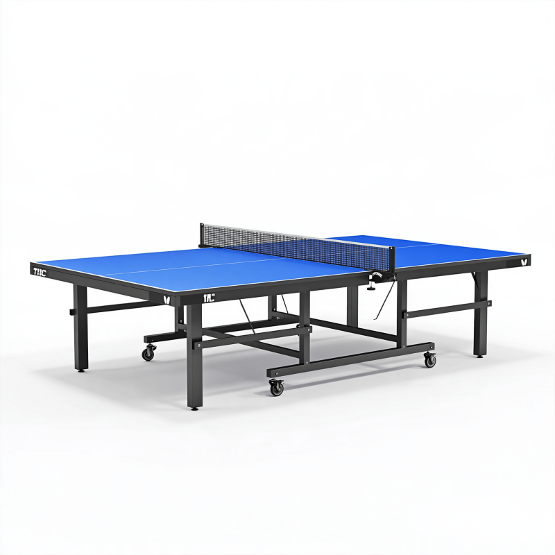 Tischtennistisch 274 x 152.5 x 76 cm Blau Schwarz mit Stahlgestell und Transportrollen
