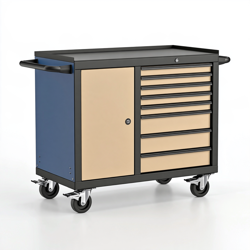 Werkzeugwagen 100 x 50 x 90 cm aus Stahl Blau Beige mit 7 Schubladen und Schranktür