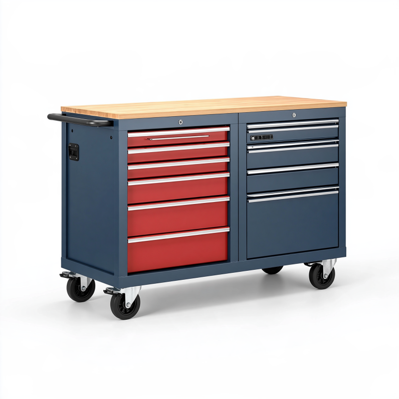Werkzeugwagen 120 cm Stahl Holzplatte Blau Rot mit 10 Schubladen und Rollen