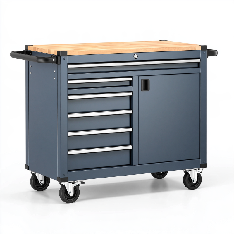 Werkstattwagen 110 x 50 x 95 cm aus Stahl in Anthrazit mit Holzarbeitsplatte und Schubladen