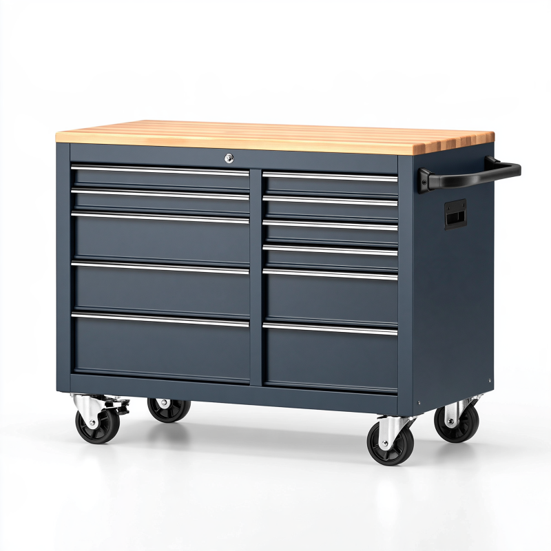 Werkstattwagen 137 x 46 x 95 cm aus Stahl in Dunkelblau mit Holzarbeitsplatte und 11 Schubladen